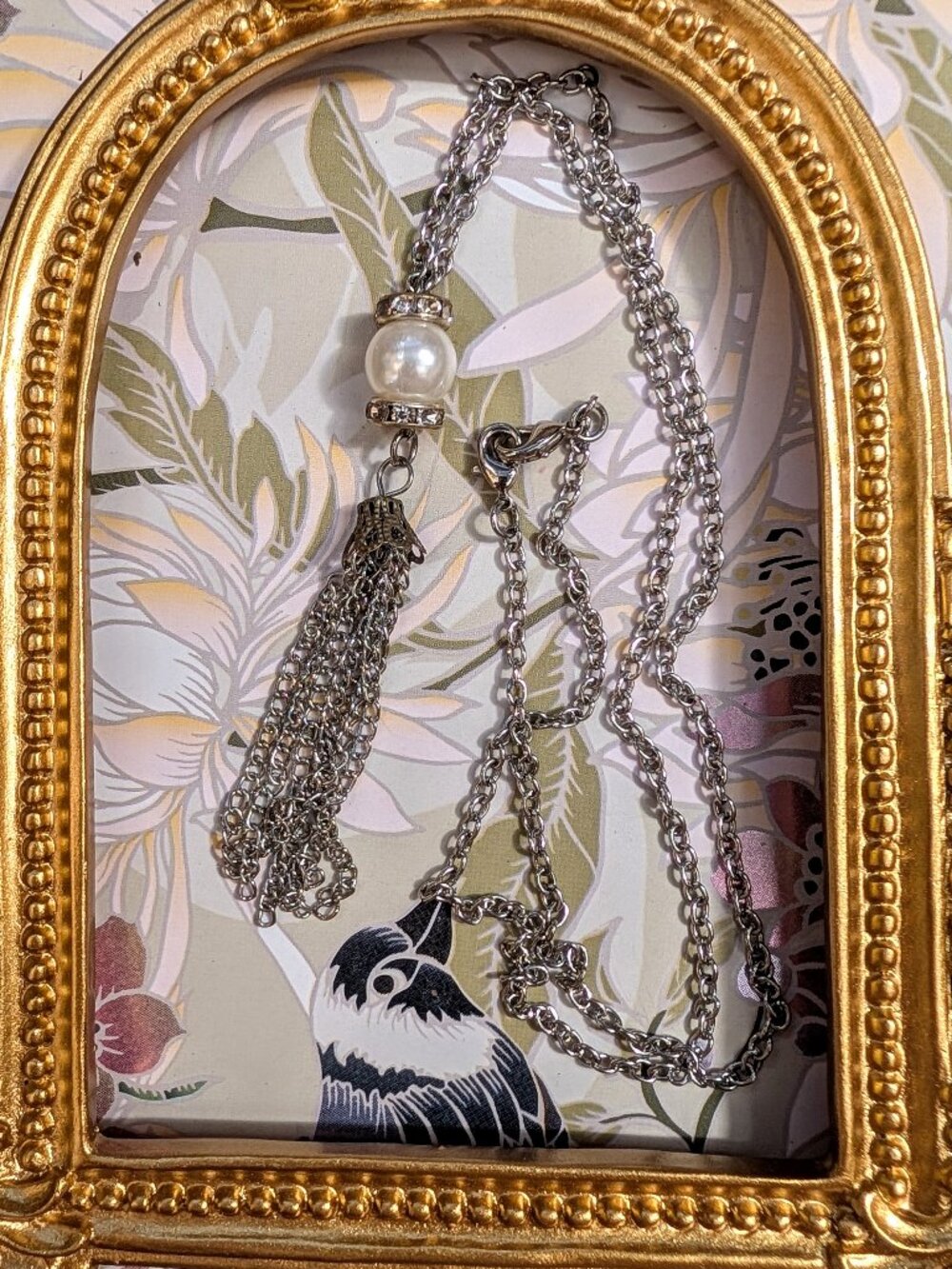 Vintage Silver Tone Necklace with Pearl Bead, Rhinestones,  & Chain Tassel